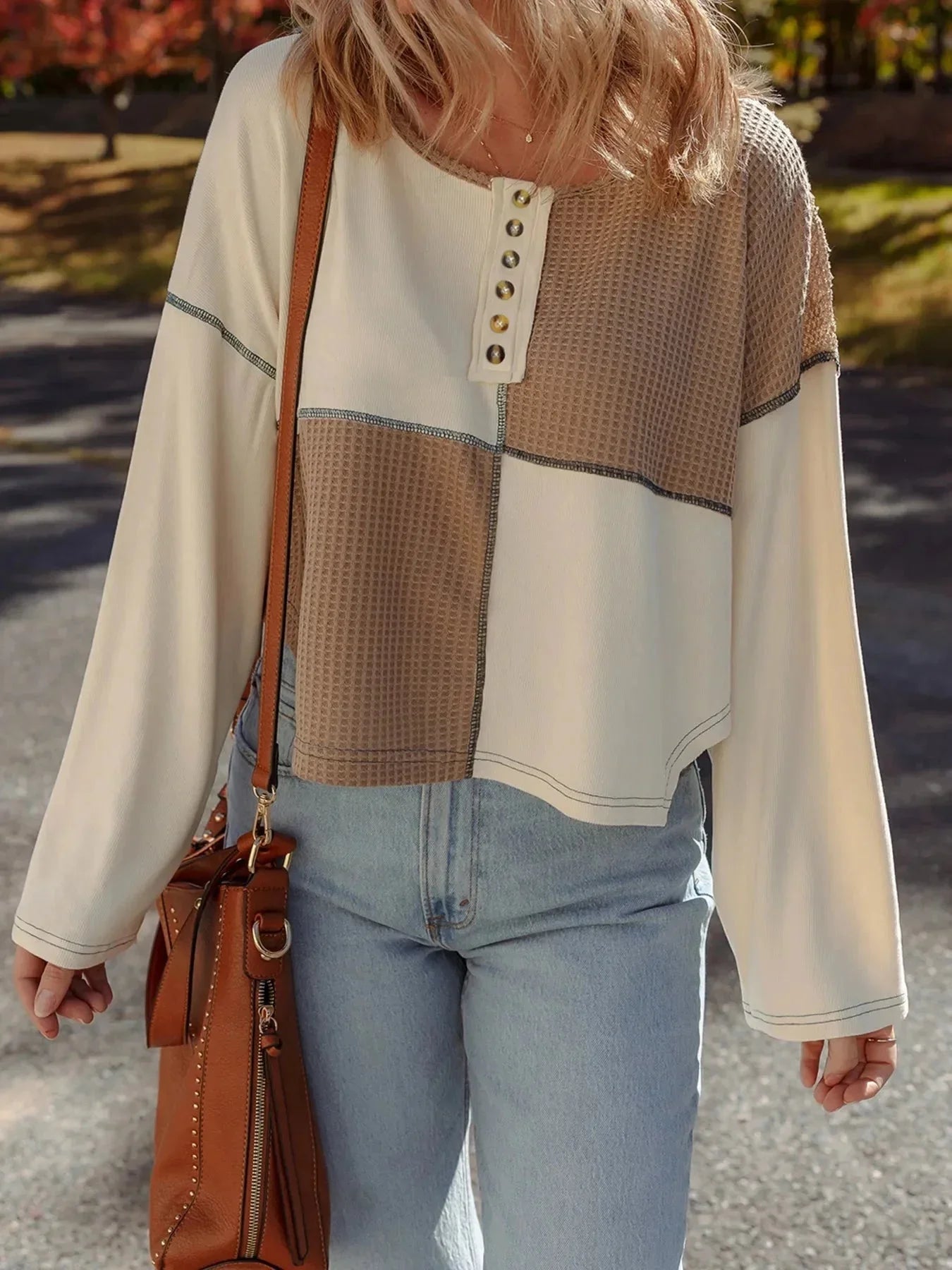 Color Block Waffle Knit Stitch Detail Long Sleeve Top - VILLA FASHION